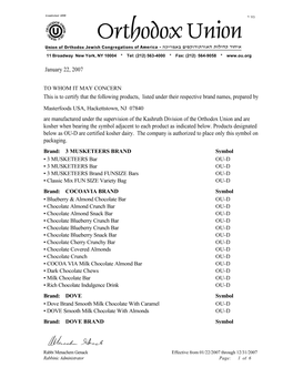 January 22, 2007 This Is to Certify That the Following Products, Listed Under Their Respective Brand Names, Prepared by Are