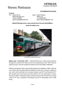 Hitachi Rail Italy Wins a New Contract from Ferrovie Nord Milano Worth 40 Million Euro