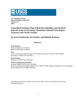 Generalized Geologic Map of Bedrock Lithologies and Surficial Deposits in the Great Smoky Mountains National Park Region, Tennessee and North Carolina