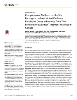 Comparison of Methods to Identify Pathogens and Associated Virulence Functional Genes in Biosolids from Two Different Wastewater Treatment Facilities in Canada