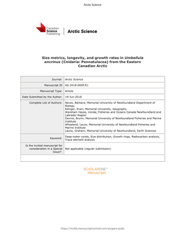Size Metrics, Longevity, and Growth Rates in Umbellula Encrinus (Cnidaria: Pennatulacea) from the Eastern Canadian Arctic