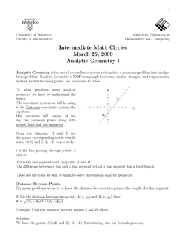 Intermediate Math Circles March 25, 2009 Analytic Geometry I