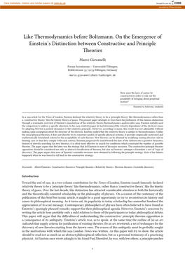 Like Thermodynamics Before Boltzmann. on the Emergence of Einstein’S Distinction Between Constructive and Principle Theories