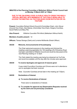 MINUTES of the Planning Committee of Melksham Without Parish Council Held on Monday 15 March 2021 at 7.00Pm DUE to the ON-GOING