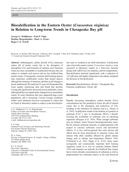 Biocalcification in the Eastern Oyster (Crassostrea Virginica) in Relation to Long-Term Trends in Chesapeake Bay Ph