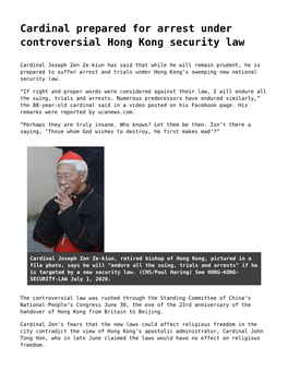 Cardinal Prepared for Arrest Under Controversial Hong Kong Security Law