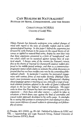 Can Realism Be Naturalised? Putnam on Sense, Commonsense, and the Senses