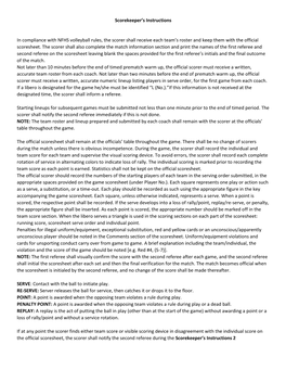 Scorekeeper's Instructions BEFORE the FIRST GAME in Compliance with NFHS Volleyball Rules, the Scorer Shall Receive Each Team