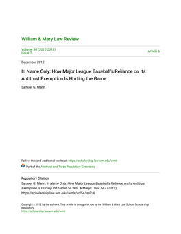 In Name Only: How Major League Baseball's Reliance on Its Antitrust Exemption Is Hurting the Game