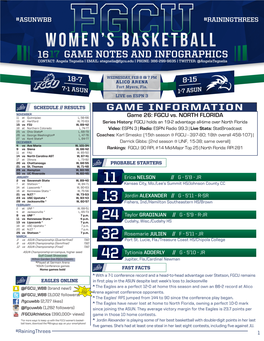 GAME INFORMATION NOVEMBER 11 at Quinnipiac L, 56-66 Game 26: FGCU Vs