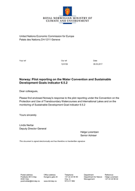 Norway: Pilot Reporting on the Water Convention and Sustainable Development Goals Indicator 6.5.2