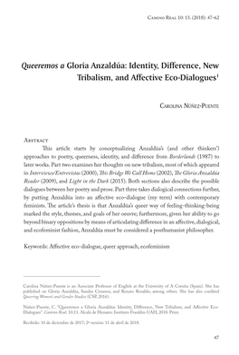 Queeremos a Gloria Anzaldúa: Identity, Difference, New Tribalism, and Affective Eco-Dialogues1