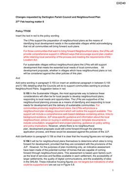 Changes Requested by Dartington Parish Council and Neighbourhood Plan 27Th Feb Hearing Matter 8