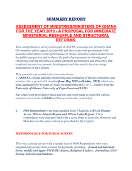 Summary Report Assessment of Ministries/Ministers of Ghana for the Year 2019 - a Proposal for Immediate Ministerial Reshuffle and Structural Reforms