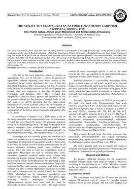 The Ability to Use Spirulina Sp. As Food for Common Carp Fish (Cyprinus Carpio L. 1758)