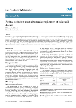 Retinal Occlusion As an Advanced Complication of Sickle Cell Disease Mohammed S Alkhaibari* Ministry of Health, Tabuk, Saudi Arabia