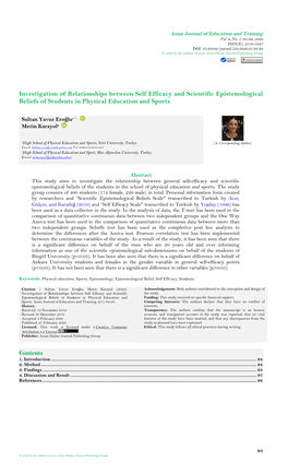 Investigation of Relationships Between Self Efficacy and Scientific Epistemological Beliefs of Students in Physical Education and Sports