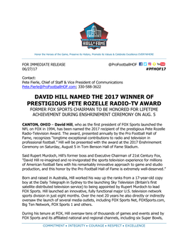 David Hill Named the 2017 Winner of Prestigious Pete