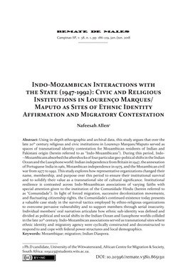 Indo-Mozambican Interactions with the State (1947-1992): Civic and Religious Institutions in Lourenço Marques/ Maputo As Sites