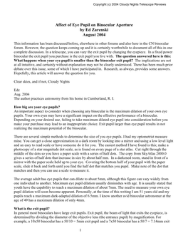 Affect of Eye Pupil on Binocular Aperture by Ed Zarenski August 2004