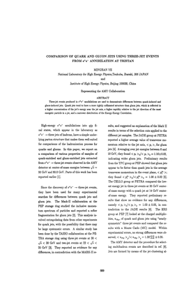 COMPARISON of QUARK and GLUON JETS USING THREE-JET EVENTS from E+E- ANNIHILATION at TRISTAN