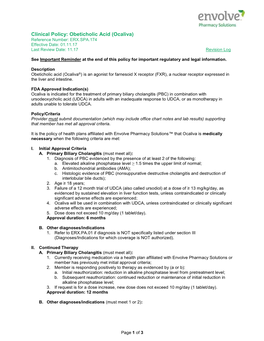 Obeticholic Acid (Ocaliva) Reference Number: ERX.SPA.174 Effective Date: 01.11.17 Last Review Date: 11.17 Revision Log
