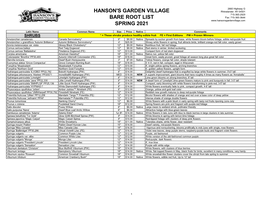 Hanson's Garden Village Bare Root List Spring 2021