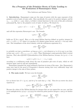 On a Property of the Primitive Roots of Unity Leading to the Evaluation of Ramanujan’S Sums