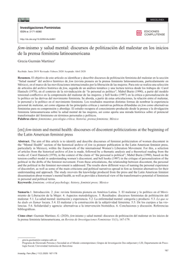 Fem-Inismo Y Salud Mental: Discursos De Politización Del Malestar En Los Inicios De La Prensa Feminista Latinoamericana Grecia Guzmán Martínez1