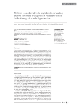 Aliskiren – an Alternative to Angiotensin-Converting Enzyme Inhibitors Or Angiotensin Receptor Blockers in the Therapy of Arterial Hypertension