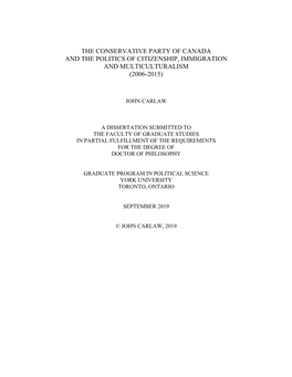 The Conservative Party of Canada and the Politics of Citizenship, Immigration and Multiculturalism (2006-2015)