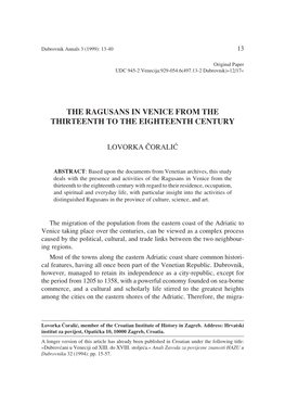The Ragusans in Venice from the Thirteenth to the Eighteenth Century