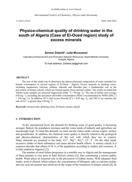 Physico-Chemical Quality of Drinking Water in the South of Algeria (Case of El-Oued Region) Study of Excess Minerals