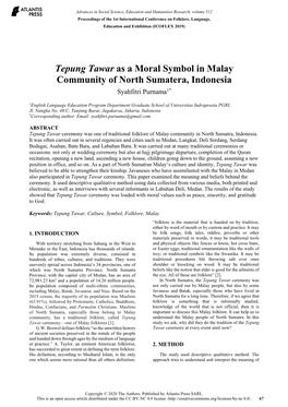 Tepung Tawar As a Moral Symbol in Malay Community of North Sumatera, Indonesia Syahfitri Purnama1*