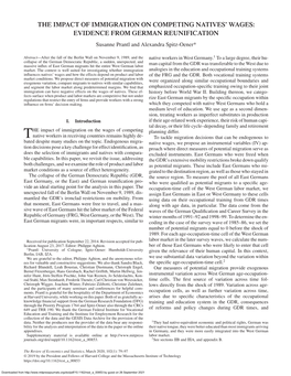 THE IMPACT of IMMIGRATION on COMPETING NATIVES’ WAGES: EVIDENCE from GERMAN REUNIFICATION Susanne Prantl and Alexandra Spitz-Oener*