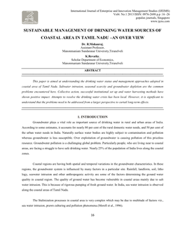 SUSTAINABLE MANAGEMENT of DRINKING WATER SOURCES of COASTAL AREA in TAMIL NADU –AN OVER VIEW Dr