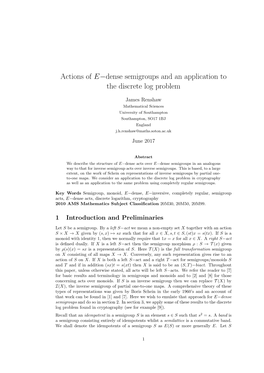 Actions of E−Dense Semigroups and an Application to the Discrete Log Problem