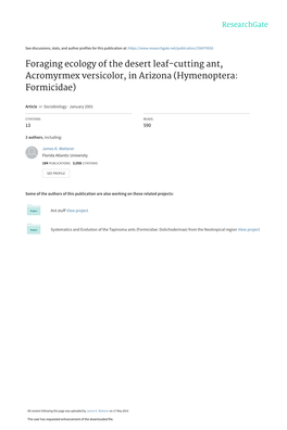 Foraging Ecology of the Desert Leaf-Cutting Ant, Acromyrmex Versicolor, in Arizona (Hymenoptera: Formicidae)