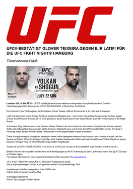 UFC® BESTÄTIGT GLOVER TEIXEIRA GEGEN ILIR LATIFI FÜR DIE UFC FIGHT NIGHT® HAMBURG Ticketvorverkauf Läuft