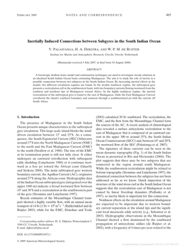 Inertially Induced Connections Between Subgyres in the South Indian Ocean