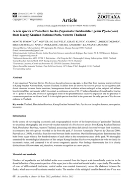 A New Species of Parachute Gecko (Squamata: Gekkonidae: Genus Ptychozoon) from Kaeng Krachan National Park, Western Thailand