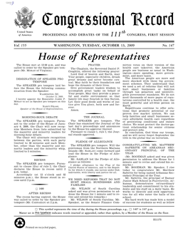 Congressional Record United States Th of America PROCEEDINGS and DEBATES of the 111 CONGRESS, FIRST SESSION