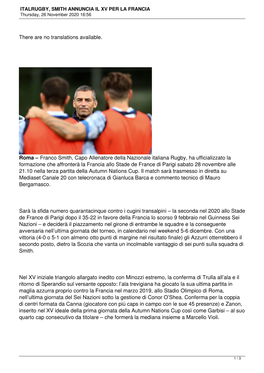 ITALRUGBY, SMITH ANNUNCIA IL XV PER LA FRANCIA Thursday, 26 November 2020 16:56