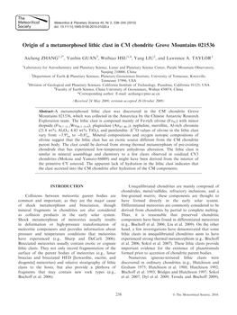 Origin of a Metamorphosed Lithic Clast in CM Chondrite Grove Mountains 021536