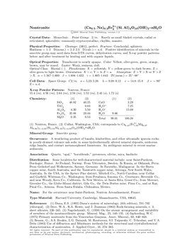 Nontronite (Ca0:5; Na)0:3Fe2 (Si; Al)4O10(OH)2 ² Nh2o C 2001 Mineral Data Publishing, Version 1.2 ° Crystal Data: Monoclinic