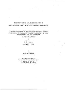 Characterization and Classification of Some Soils of Hawaii with Andic and Oxic Properties a Thesis Submitted to the Graduate Di