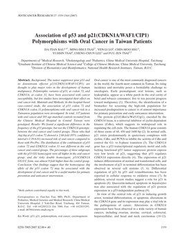 Association of P53 and P21(CDKN1A/WAF1/CIP1) Polymorphisms with Oral Cancer in Taiwan Patients