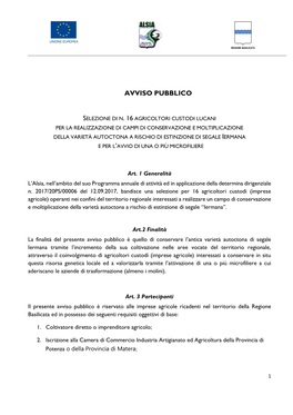 Avviso Pubblico Selezione Di N. 16 Agricoltori Custodi Lucani