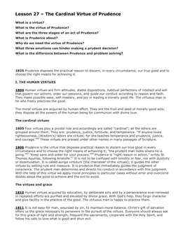 Lesson 27 – the Cardinal Virtue of Prudence
