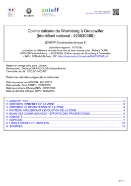 Colline Calcaire Du Wurmberg À Gresswiller (Identifiant National : 420030380)